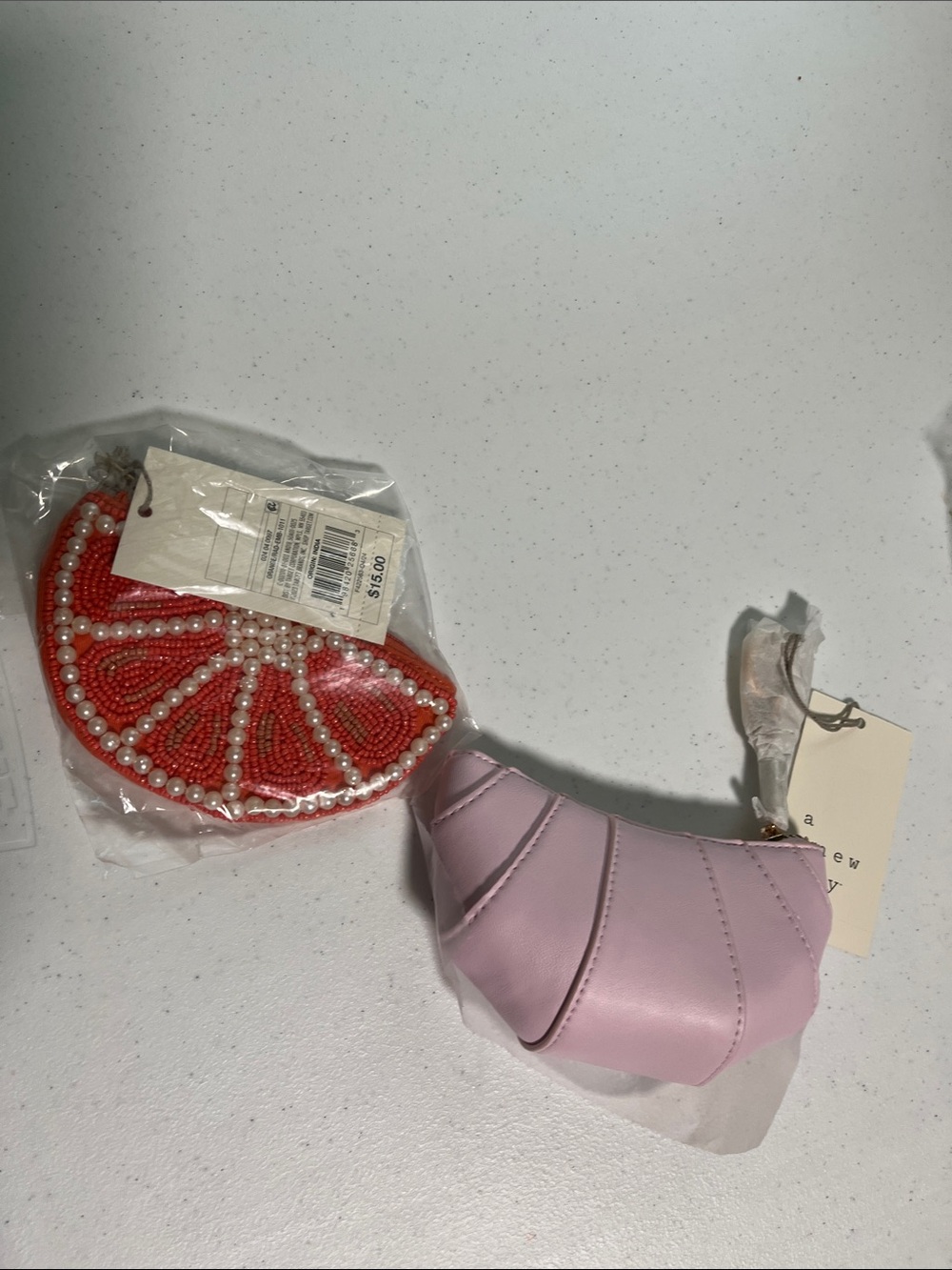 Coral Beaded Citrus Coin Purse with Pearl Detailing, Croissant Coin purse Set